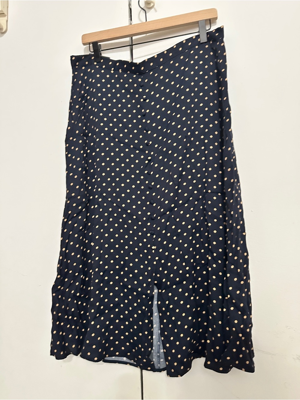Banana Republic Navy Midi Skirt with Tan Polka Dots